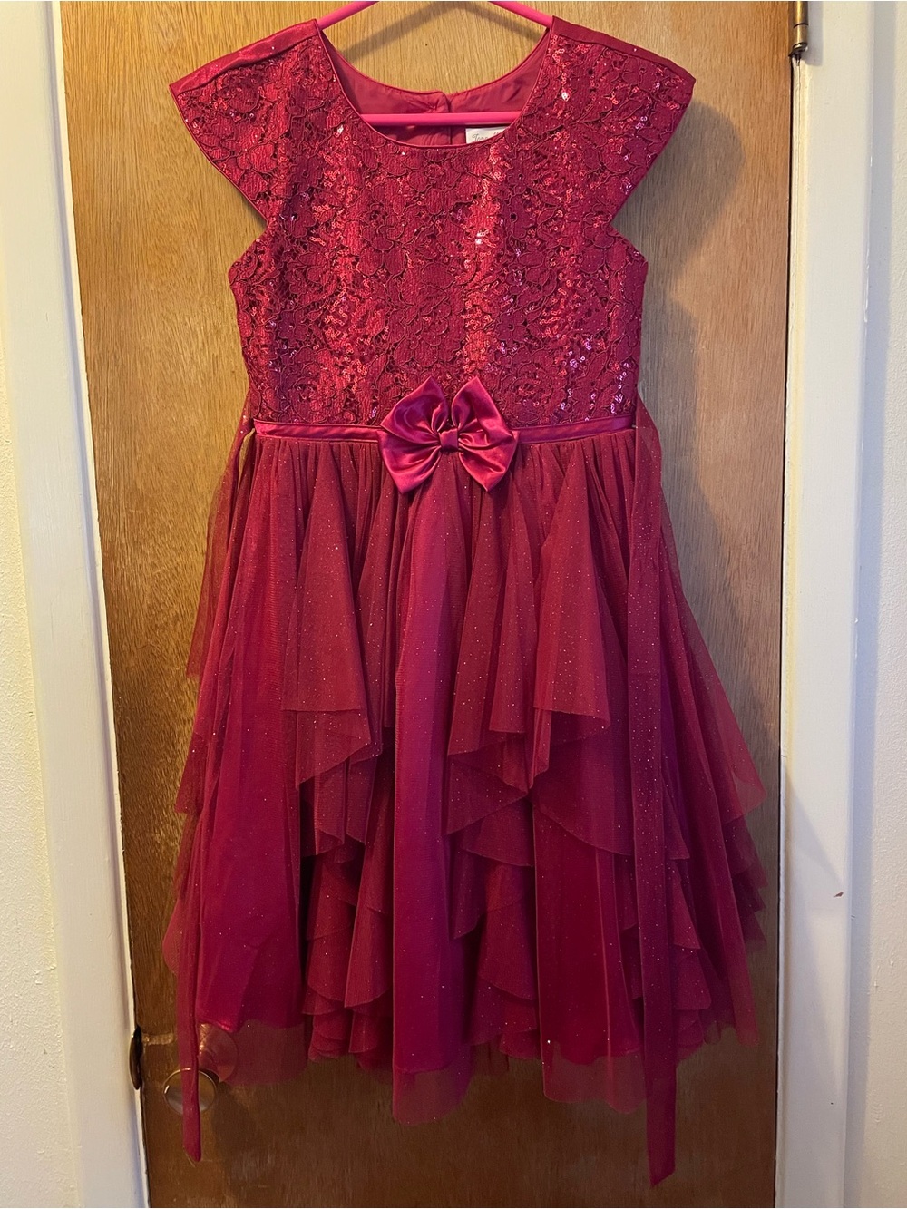 Jona Michelle Deep Rose Lace & Layered Tulle Dress with Bow Sz. 12